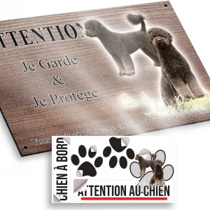 Plaque attention au chien Chien de race Cão de Água Português avec coupe Retriever