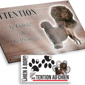 Plaque attention au chien Deux chiens d'eau portugais sur fond transparent.