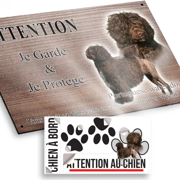 Plaque attention au chien Deux chiens d'eau portugais sur fond transparent.