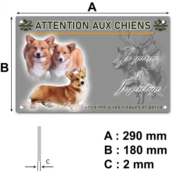 Pancarte Deux Welsh Corgis Pembroke et un chien en position couchée.