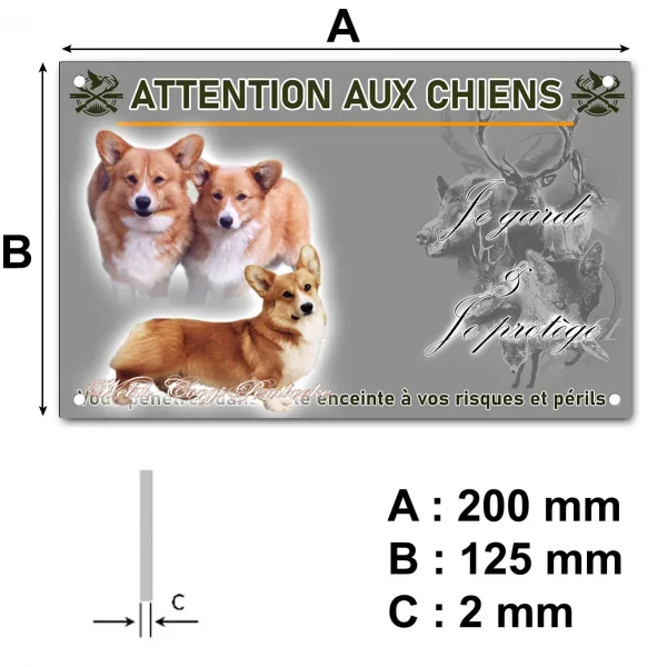 Panneau Deux Welsh Corgis Pembroke et un chien en position couchée.