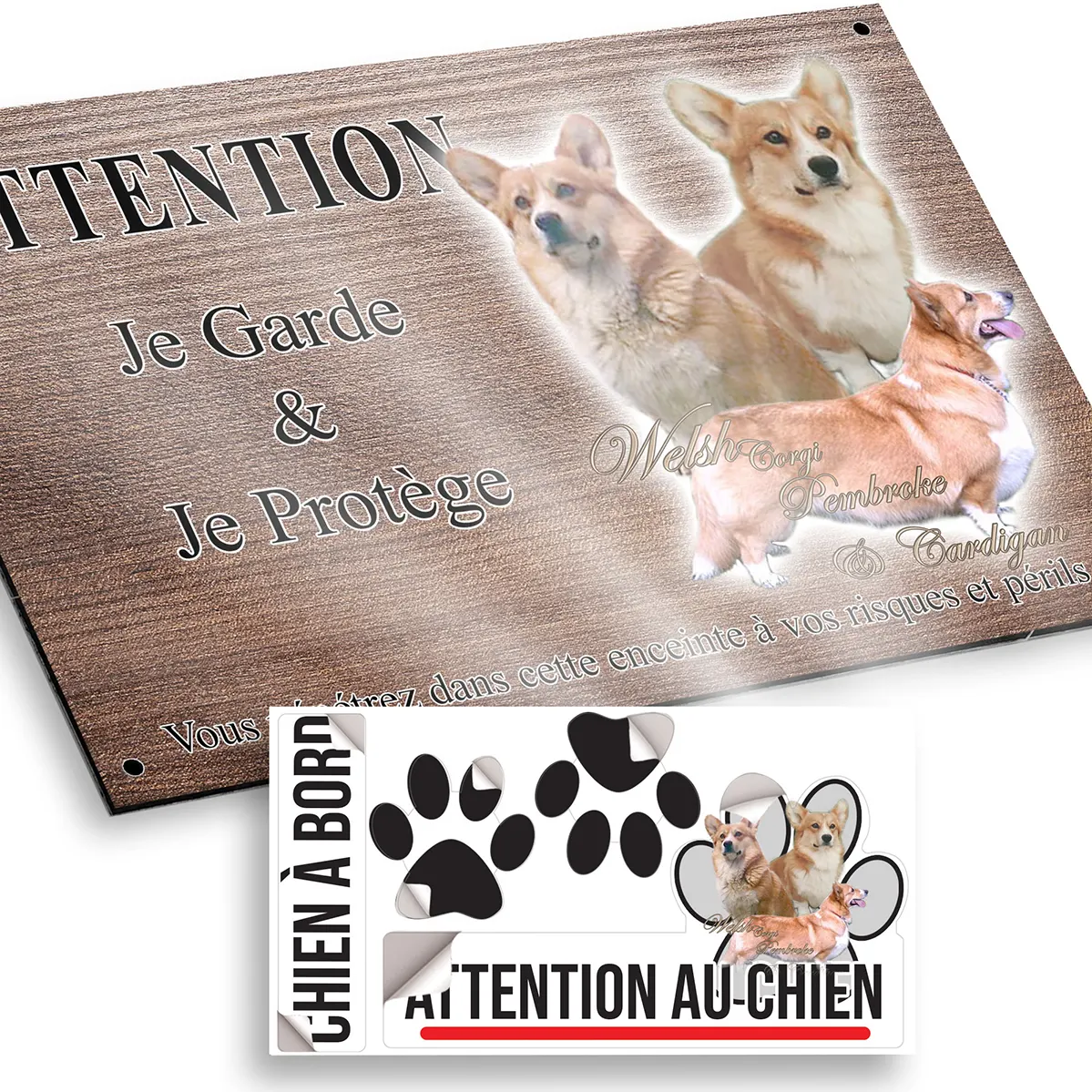 Plaque attention au chien Trois Welsh Corgis Pembroke et Cardigan