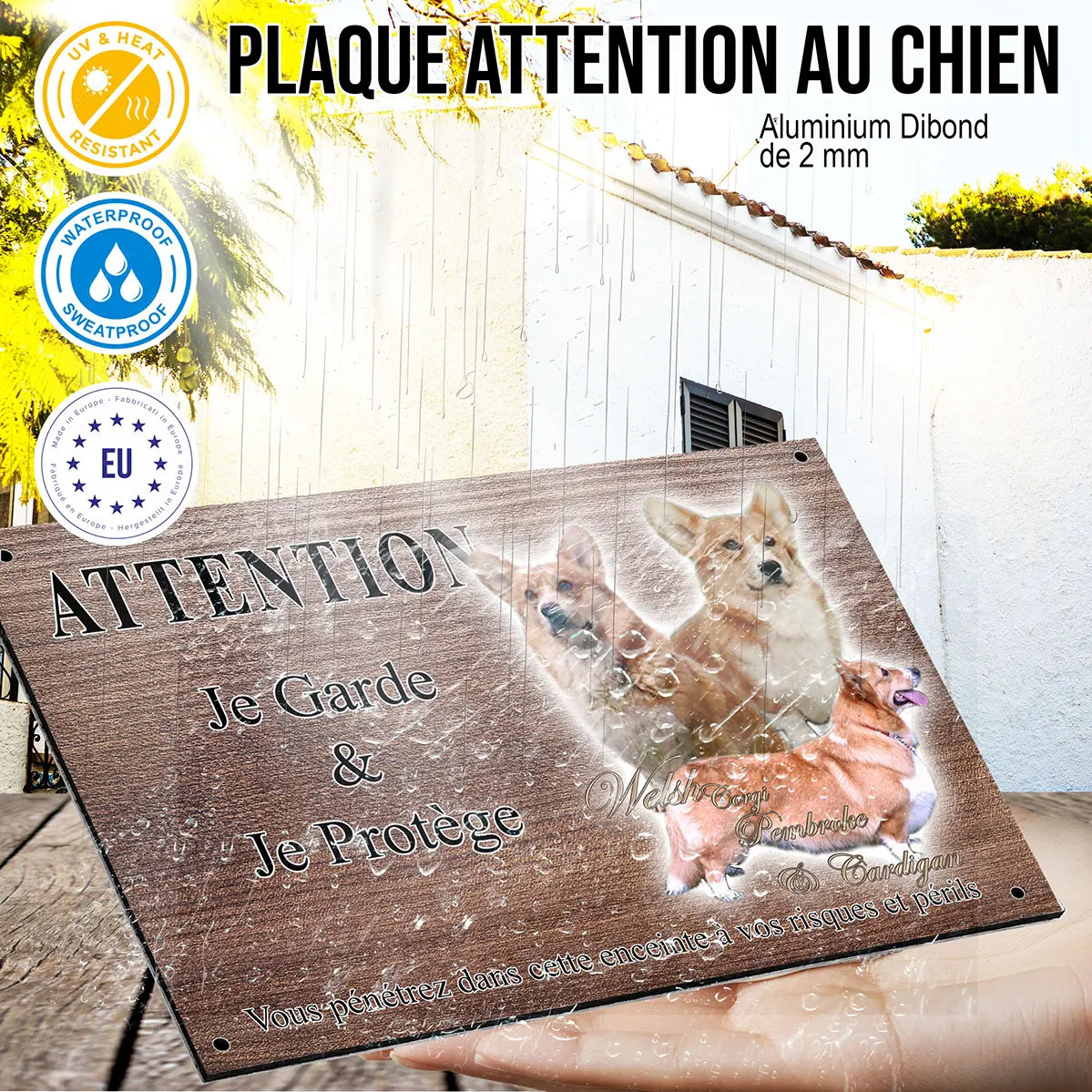 Panneau attention au chien Trois Welsh Corgis Pembroke et Cardigan