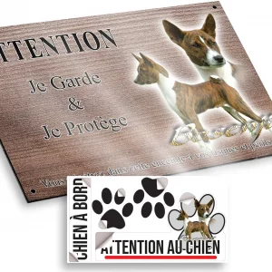 Plaque attention au chien Deux chiens Basenji en profil et en tête