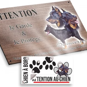 Plaque attention au chien Beauceron avec trois têtes et un corps