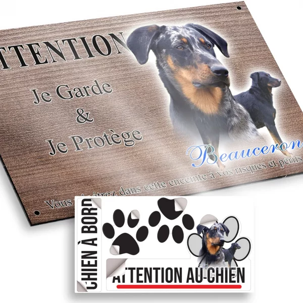 Plaque attention au chien Portrait d'un Beauceron avec un chien en profil