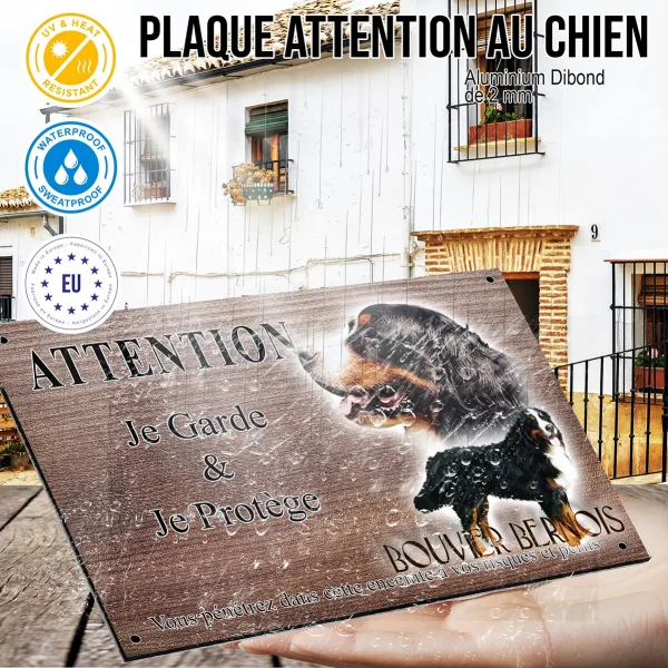 Panneau attention au chien Bouvier Bernois avec un gros plan sur la tête et un chien entier