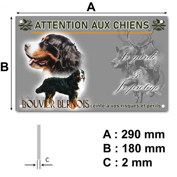 Pancarte Bouvier Bernois avec un gros plan sur la tête et un chien entier