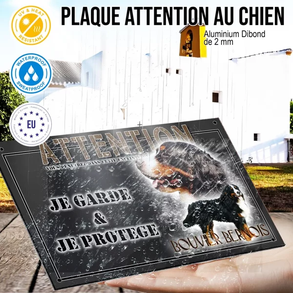 Panneau chien de garde Bouvier Bernois avec un gros plan sur la tête et un chien entier