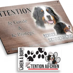 Plaque attention au chien Berner Sennenhund avec texte décoratif