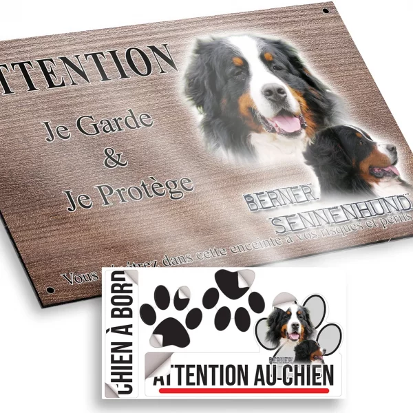 Plaque attention au chien Berner Sennenhund avec texte décoratif