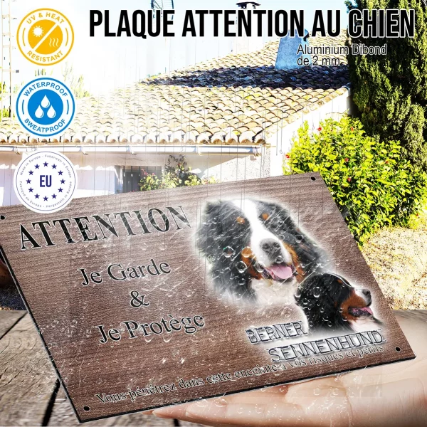 Panneau attention au chien Berner Sennenhund avec texte décoratif