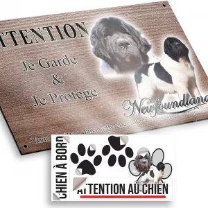 Plaque attention au chien Chien de race Newfoundland avec un pelage noir et blanc