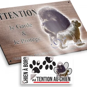 Plaque attention au chien Portrait de deux chiens Newfoundland