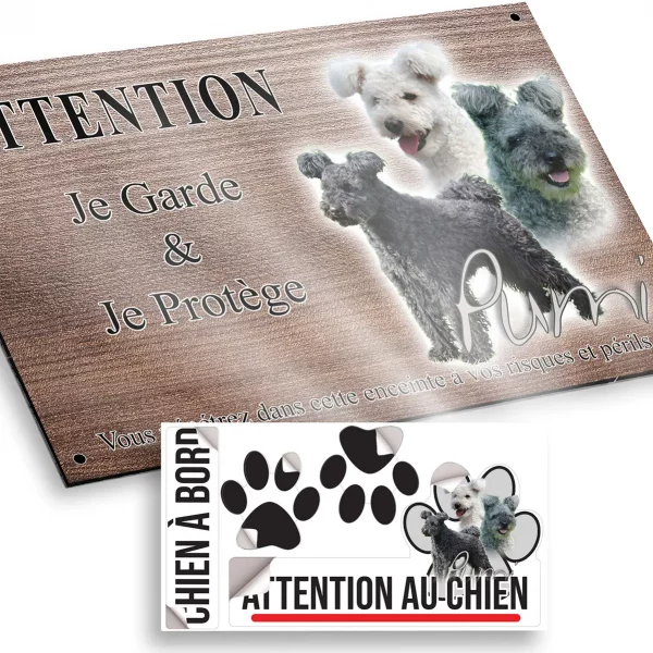 Plaque attention au chien Trois chiens Pumi avec différentes robes
