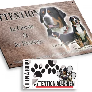 Plaque attention au chien Collage de Grosser Schweizer Sennenhund sur fond vert