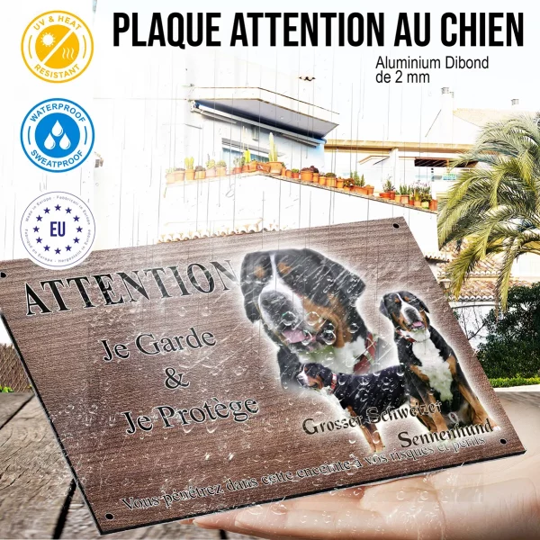 Panneau attention au chien Collage de Grosser Schweizer Sennenhund sur fond vert