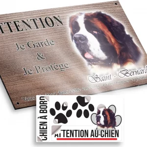 Plaque attention au chien Portrait d'un Saint Bernard sur fond coloré
