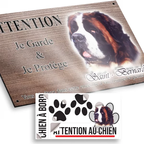 Plaque attention au chien Portrait d'un Saint Bernard sur fond coloré
