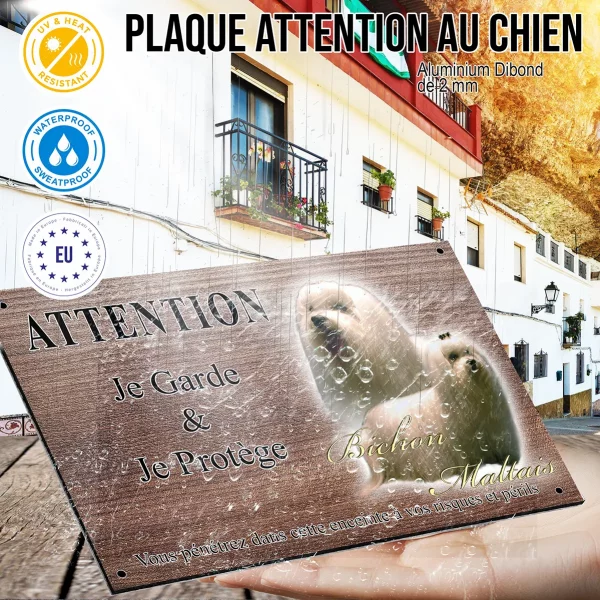 Panneau attention au chien Deux Bichons Maltais aux longs poils blancs