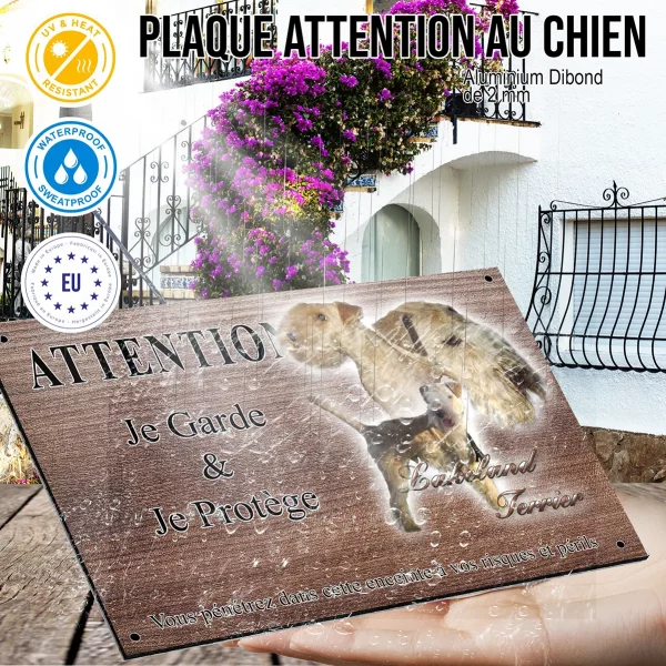 Panneau attention au chien Trois Lakeland Terriers sur fond noir