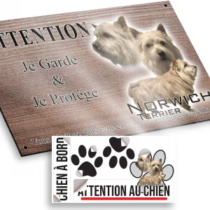 Plaque attention au chien Trois portraits de Norwich Terrier avec un texte en fond.