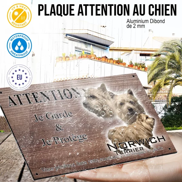 Panneau attention au chien Trois portraits de Norwich Terrier avec un texte en fond.