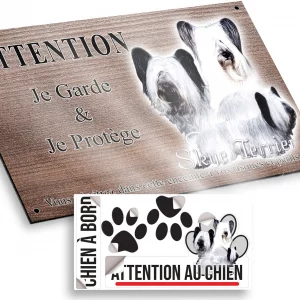 Plaque attention au chien Trois Skye Terriers avec un pelage distinctif en noir et blanc