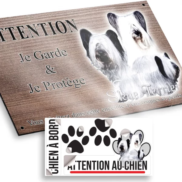 Plaque attention au chien Trois Skye Terriers avec un pelage distinctif en noir et blanc