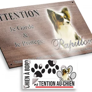Plaque attention au chien Un Papillon avec un pelage soyeux et des oreilles distinctives