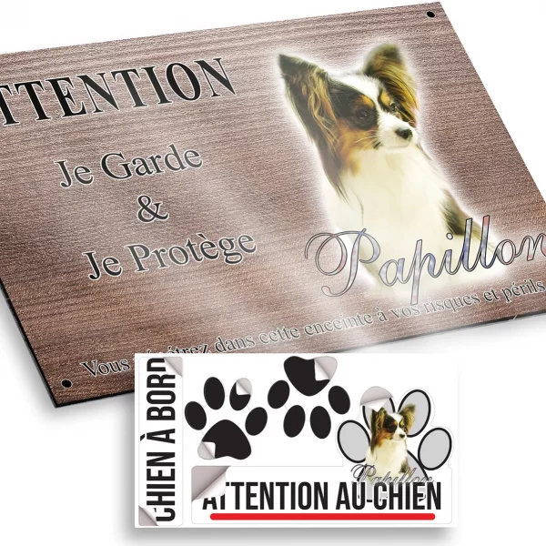 Plaque attention au chien Un Papillon avec un pelage soyeux et des oreilles distinctives