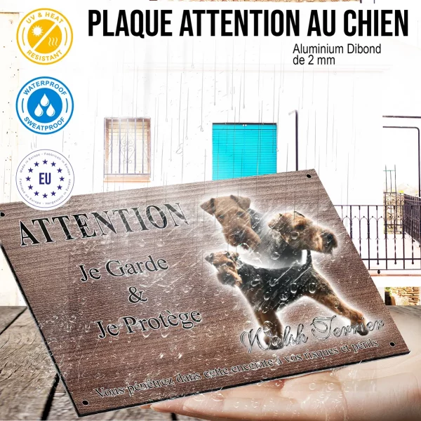 Panneau attention au chien Welsh Terrier avec poses variées en tête et entier.