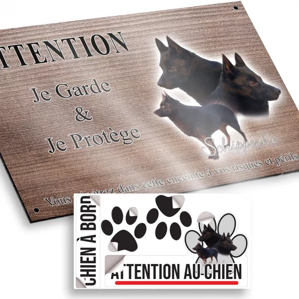Plaque attention au chien Schipperke avec plusieurs angles de tête et entier