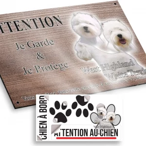 Plaque attention au chien Trois vues d'un West Highland White Terrier sur fond noir