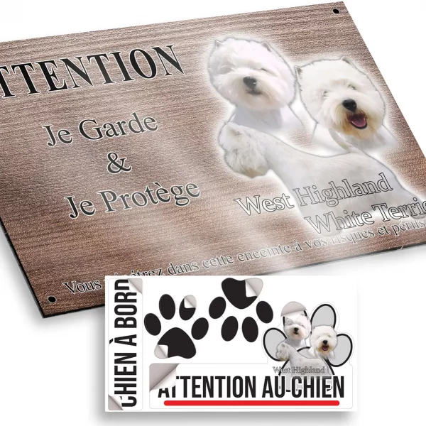 Plaque attention au chien Trois vues d'un West Highland White Terrier sur fond noir