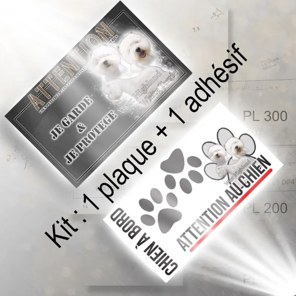 Plaque chien de chasse Trois vues d'un West Highland White Terrier sur fond noir