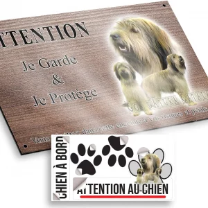 Plaque attention au chien Trois chiens Gos d'Atura Català sur fond clair