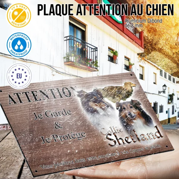 Panneau attention au chien Trois Collies Shetland sur fond transparent avec texte.