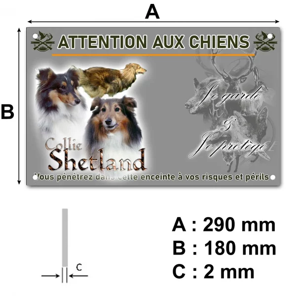 Pancarte Trois Collies Shetland sur fond transparent avec texte.
