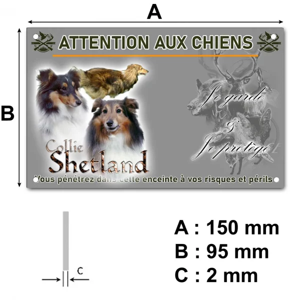 Plaque Trois Collies Shetland sur fond transparent avec texte.