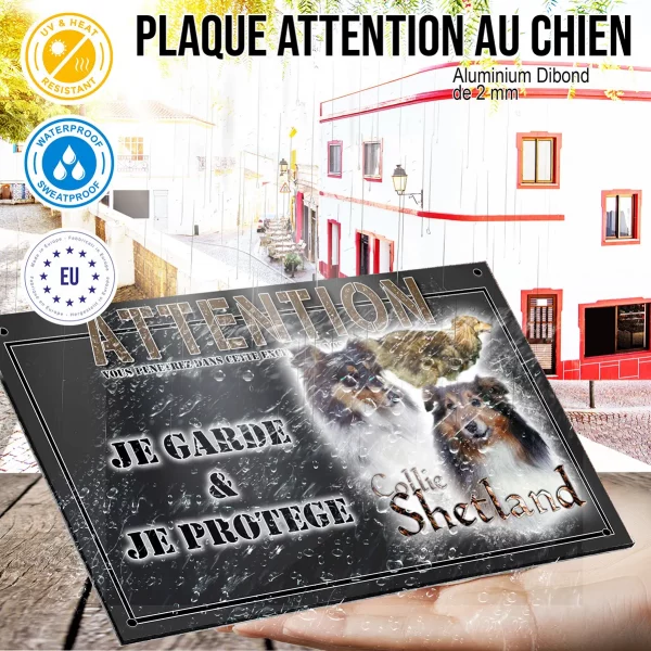 Panneau chien de garde Trois Collies Shetland sur fond transparent avec texte.