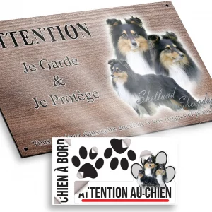 Plaque attention au chien Trois Shetland Sheepdogs sur fond dégradé
