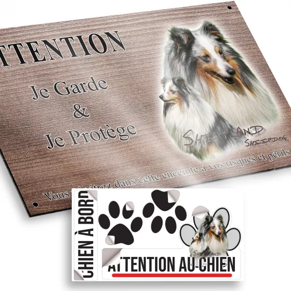 Plaque attention au chien Deux Shitland Sheepdogs avec pelage élégant