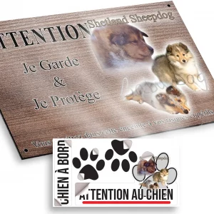 Plaque attention au chien Trois chiens Shetland Sheepdog