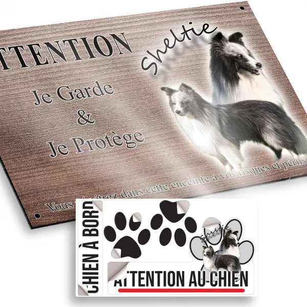 Plaque attention au chien Un Sheltie avec un pelage noir et blanc