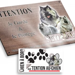 Plaque attention au chien Trois chiens Spitz Loup sur fond noir