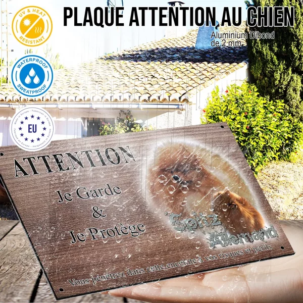 Panneau attention au chien Un Spitz Allemand avec pelage orange flamboyant