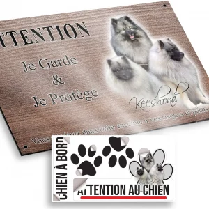 Plaque attention au chien Trois Keeshonds aux pelages gris et noir