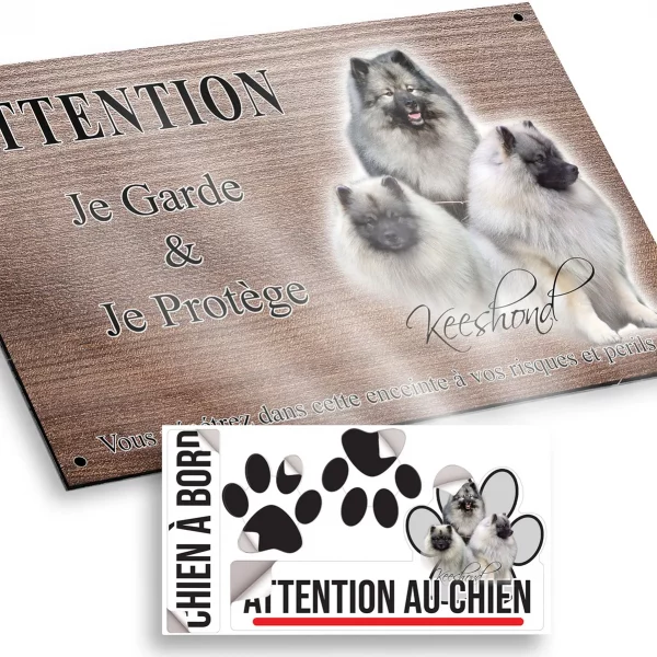 Plaque attention au chien Trois Keeshonds aux pelages gris et noir