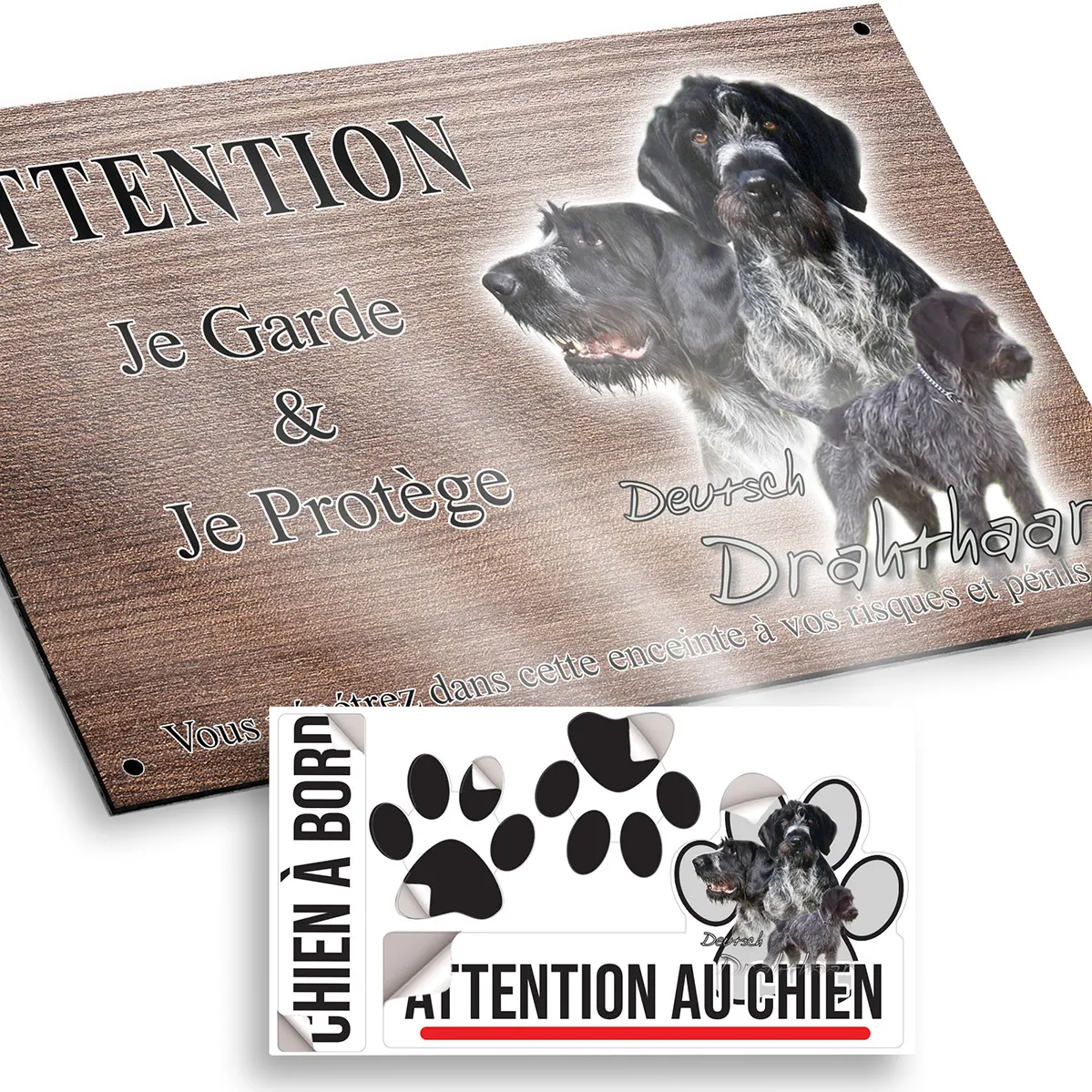 Plaque attention au chien Gros plan de chiens Deutsch Drahthaar en trois poses